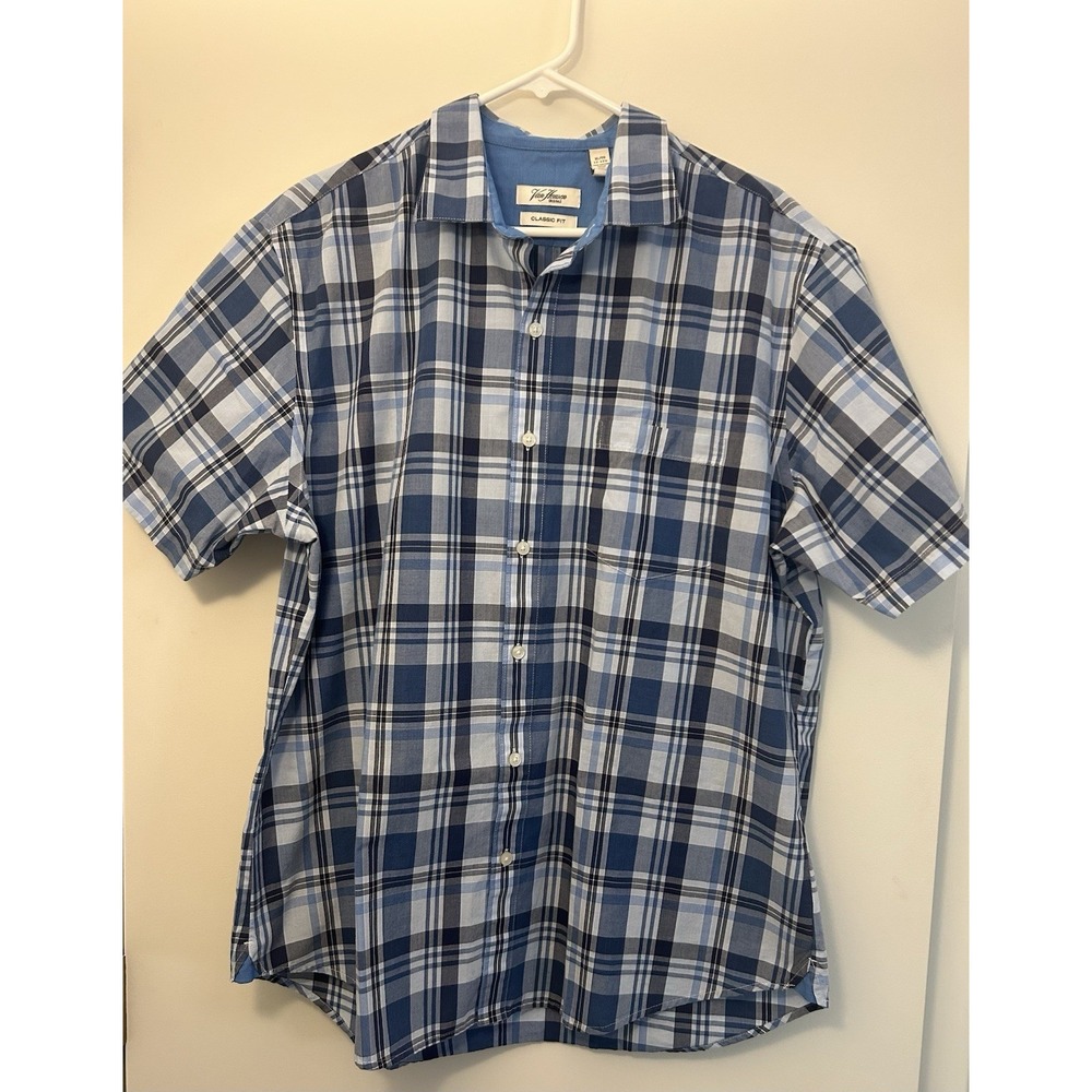 Van Heusen Blue Plaid Classic Fit Short Sleeve Button-Up Mens XL 17-17 1/2